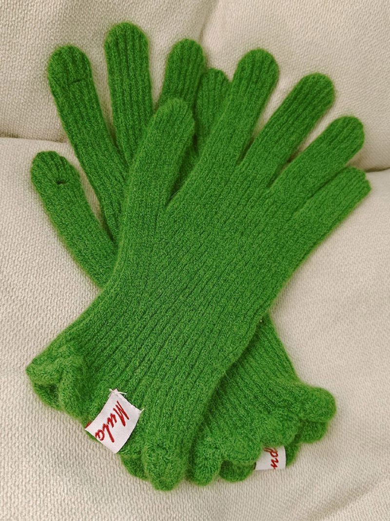 Gants Tricot Côtelé D'automne Et D'hiver Couleur Unie Pour Femmes - Vert Herbe