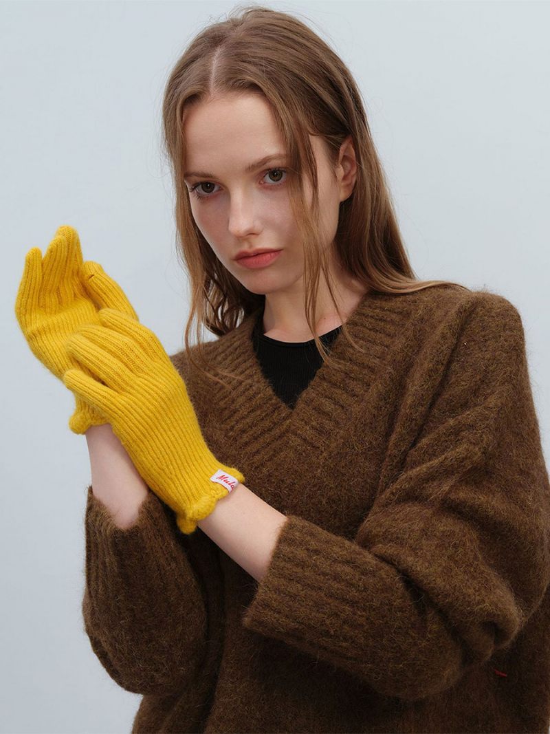 Gants Tricot Côtelé D'automne Et D'hiver Couleur Unie Pour Femmes - Jaune