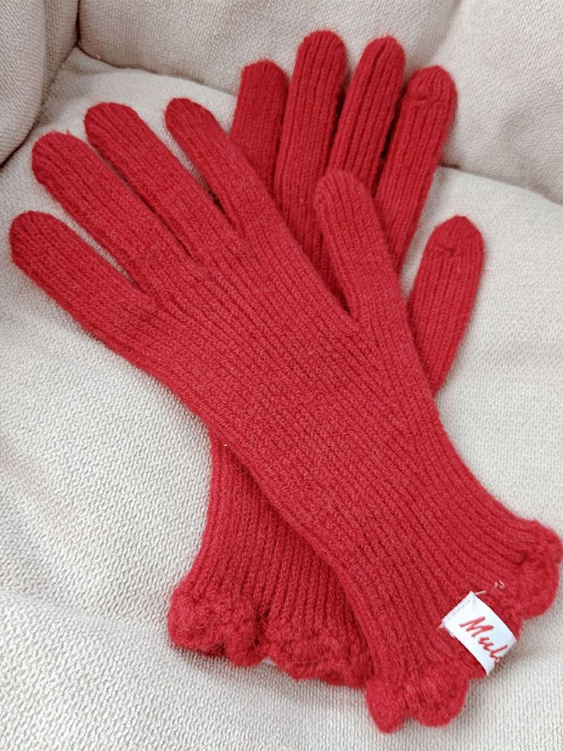 Gants Tricot Côtelé D'automne Et D'hiver Couleur Unie Pour Femmes - Rouge