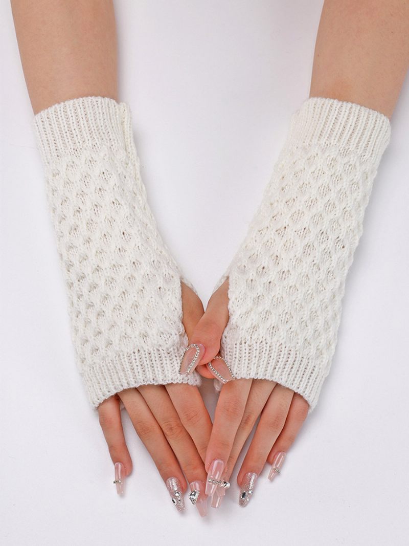 Manches Bras Crochet Gants D'automne Et D'hiver Couleur Unie Pour Femmes - Blanc