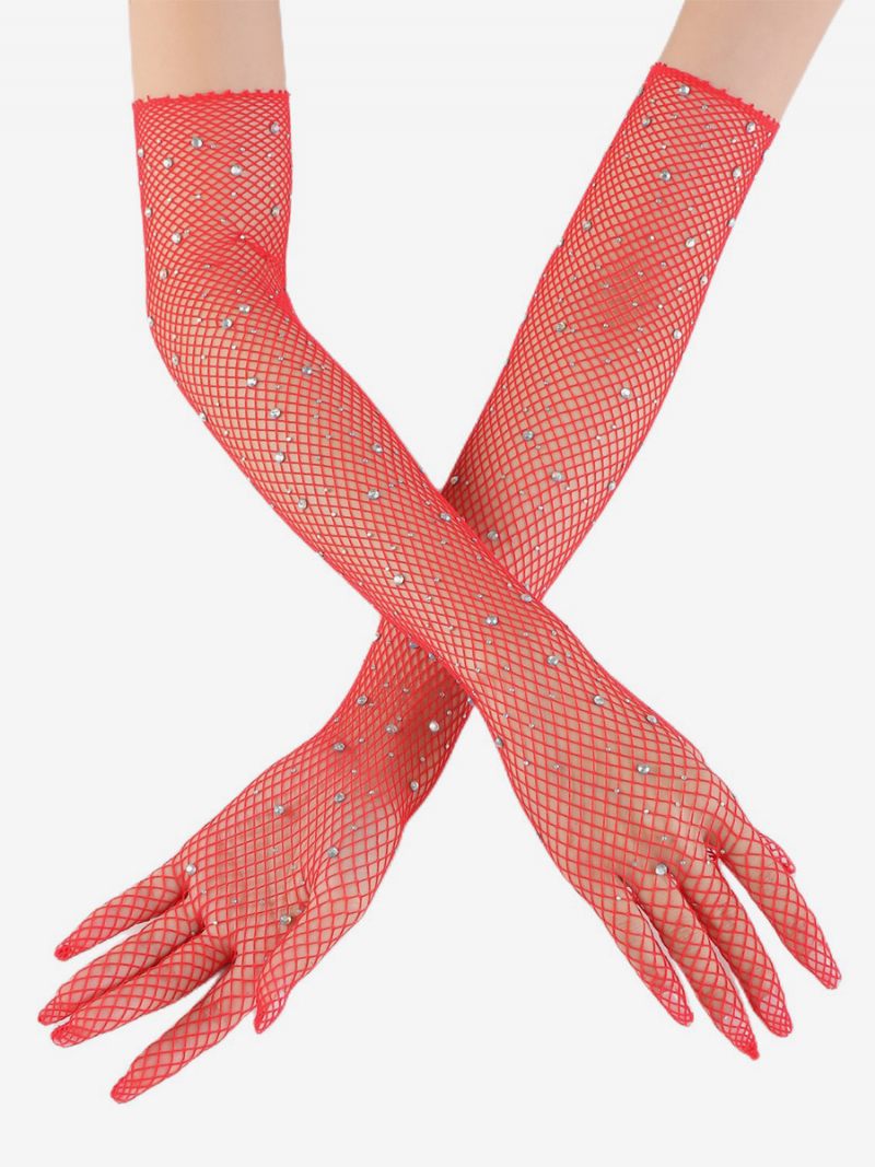 Manches Bras Maille Strass Gants Longs Résille Scintillants Pour Femmes - Rouge