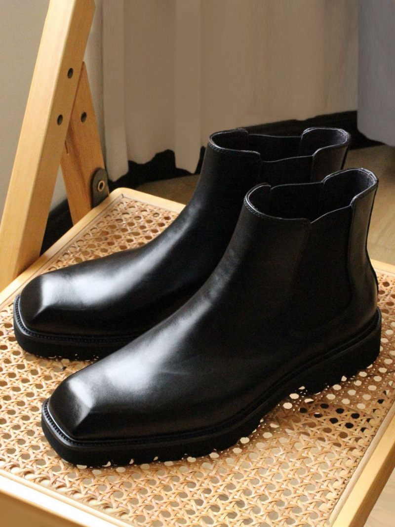 Bottes Chelsea Pour Hommes Chaussures Soirée Cuir Vache Noir À Bout Carré