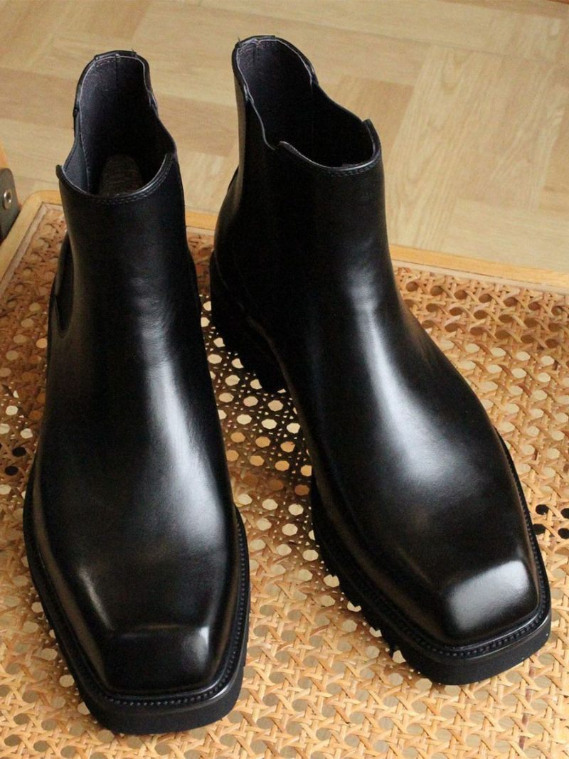 Bottes Chelsea Pour Hommes Chaussures Soirée Cuir Vache Noir À Bout Carré - Noir