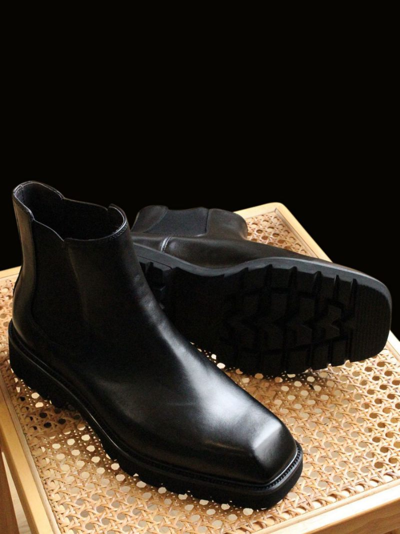 Bottes Chelsea Pour Hommes Chaussures Soirée Cuir Vache Noir À Bout Carré - Noir