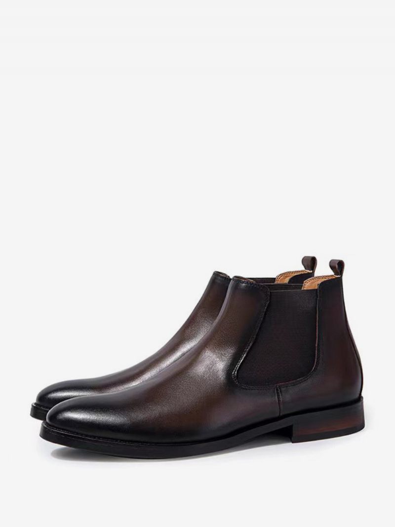 Bottes Chelsea Pour Hommes Chaussures Soirée Cuir Vache Noir À Bout Pointu - Marron Café