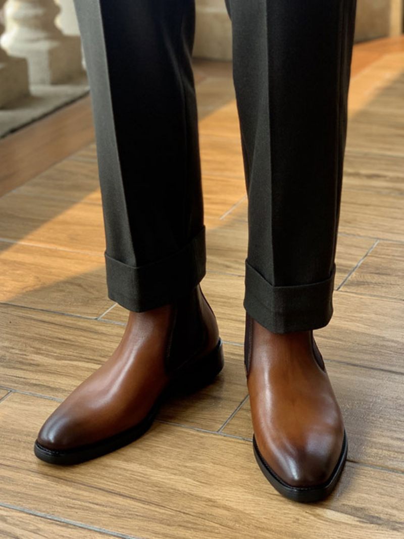 Bottes Chelsea Pour Hommes Chaussures Soirée Cuir Vache Noir À Bout Pointu - Marron Café