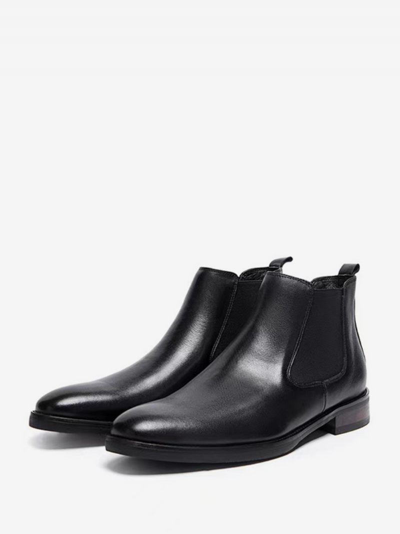 Bottes Chelsea Pour Hommes Chaussures Soirée Cuir Vache Noir À Bout Pointu - Noir