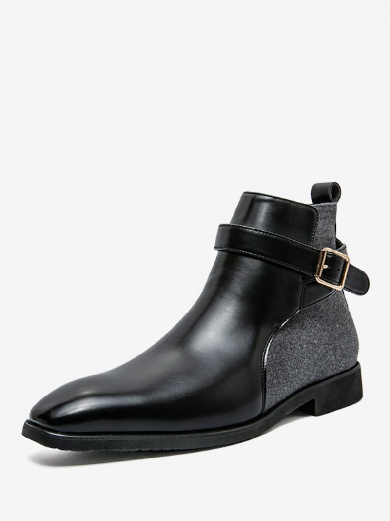 Bottes Chelsea Pour Hommes Cuir Pu Avec Boucle À Bout Rond - Noir