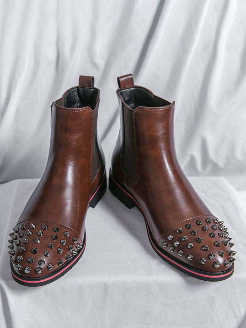 Bottes Chelsea Pour Hommes Cuir Pu À Bout Rond Et Rivets - Marron Café