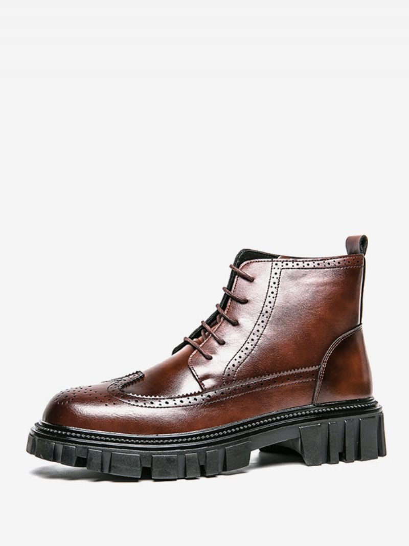 Bottes Chelsea Pour Hommes Cuir Pu Marron Café À Bout Rond - Marron Café