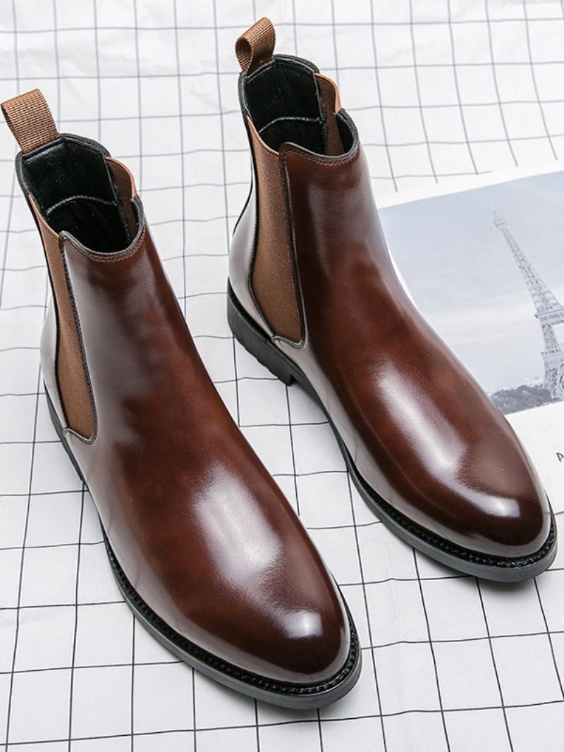 Bottes Chelsea Pour Hommes Cuir Pu Marron Café À Bout Rond - Marron Café