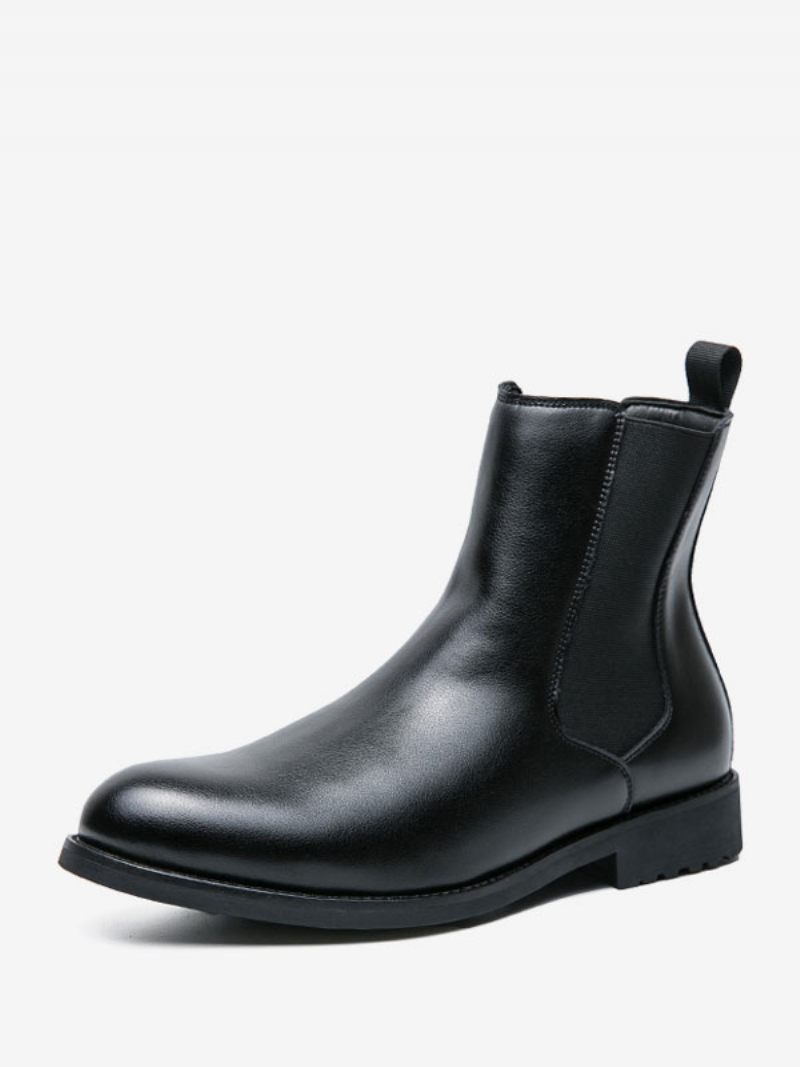 Bottes Chelsea Pour Hommes Cuir Pu Marron Café À Bout Rond - Noir