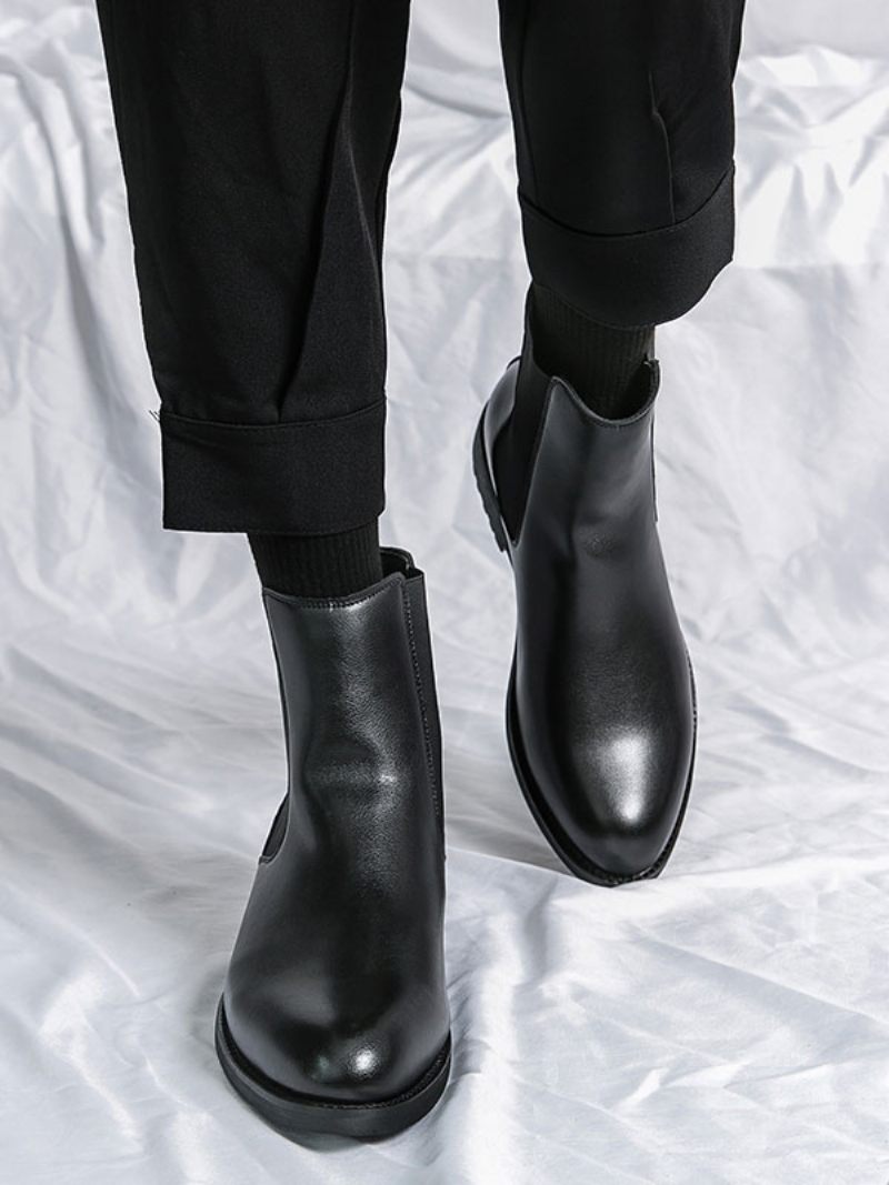 Bottes Chelsea Pour Hommes Cuir Pu Marron Café À Bout Rond - Noir