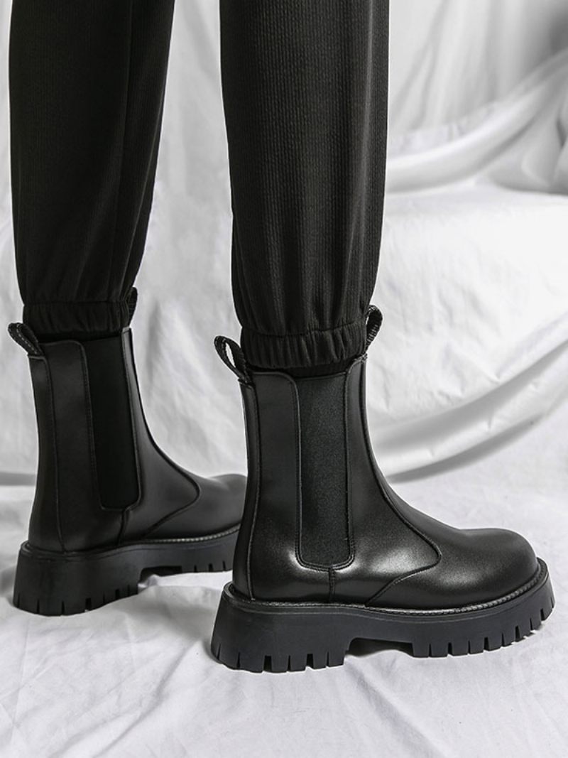 Bottes Chelsea Pour Hommes Cuir Pu Noir À Bout Rond - Noir