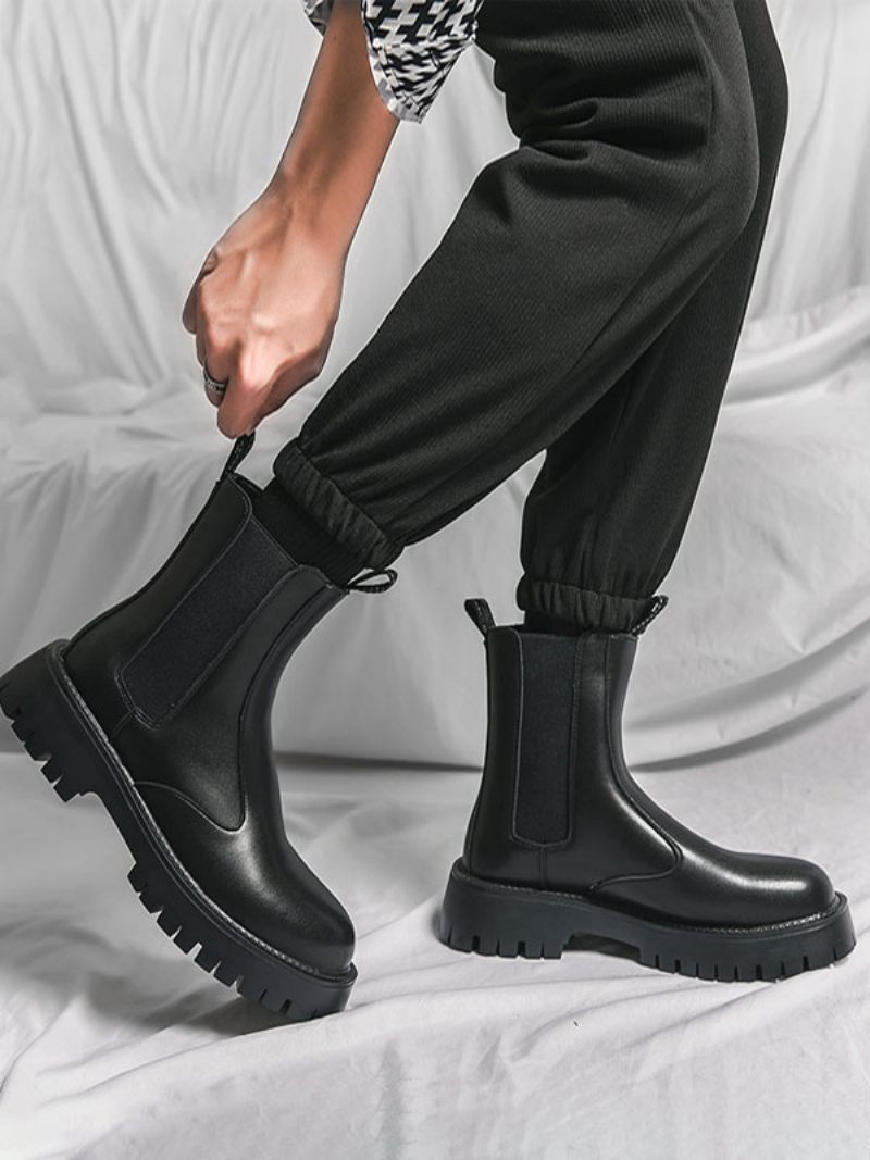 Bottes Chelsea Pour Hommes Cuir Pu Noir À Bout Rond - Noir