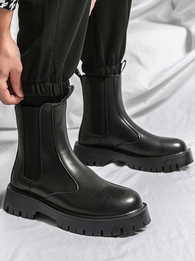 Bottes Chelsea Pour Hommes Cuir Pu Noir À Bout Rond - Noir