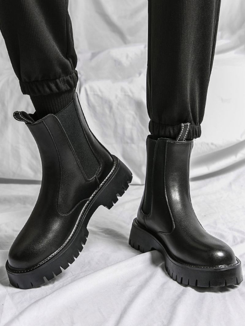 Bottes Chelsea Pour Hommes Cuir Pu Noir À Bout Rond - Noir