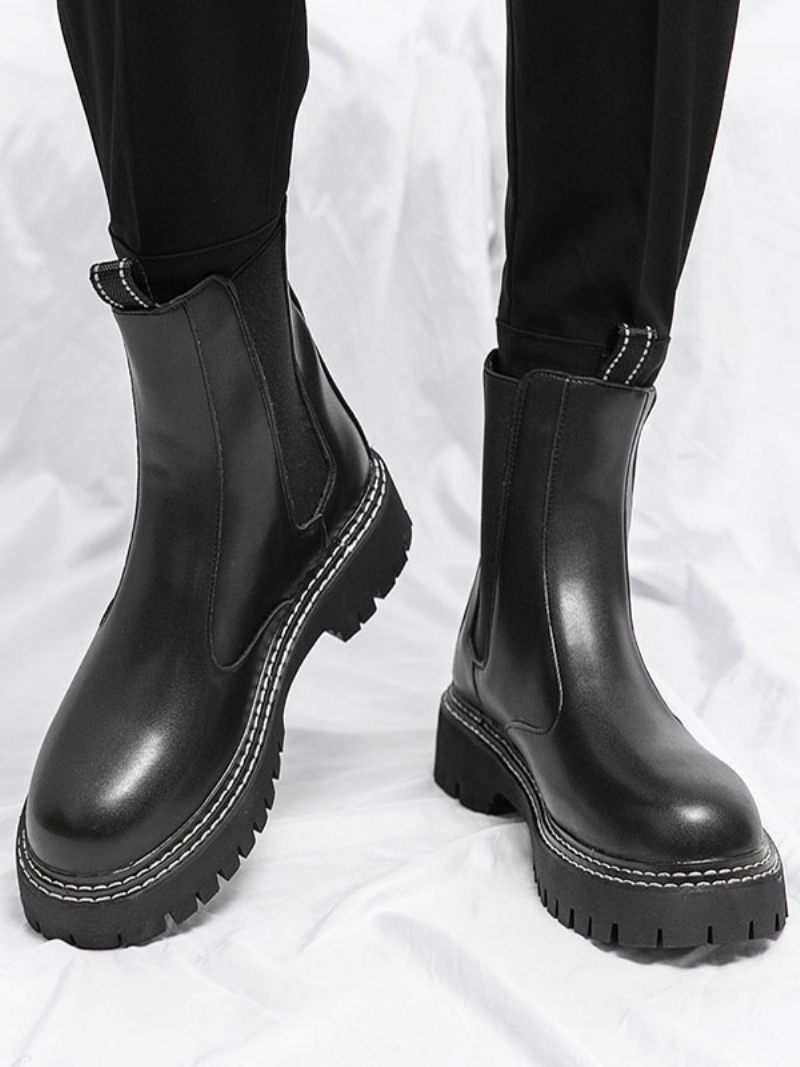 Bottes Chelsea Pour Hommes Cuir Pu Noir À Bout Rond - Noir