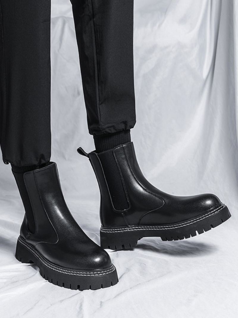 Bottes Chelsea Pour Hommes Cuir Pu Noir À Bout Rond - Noir