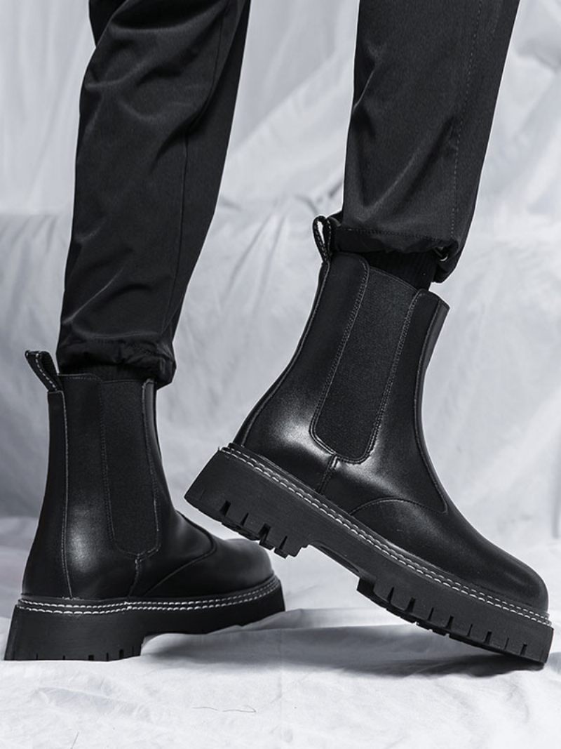 Bottes Chelsea Pour Hommes Cuir Pu Noir À Bout Rond - Noir