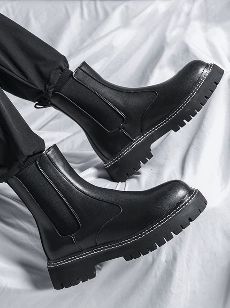 Bottes Chelsea Pour Hommes Cuir Pu Noir À Bout Rond - Noir