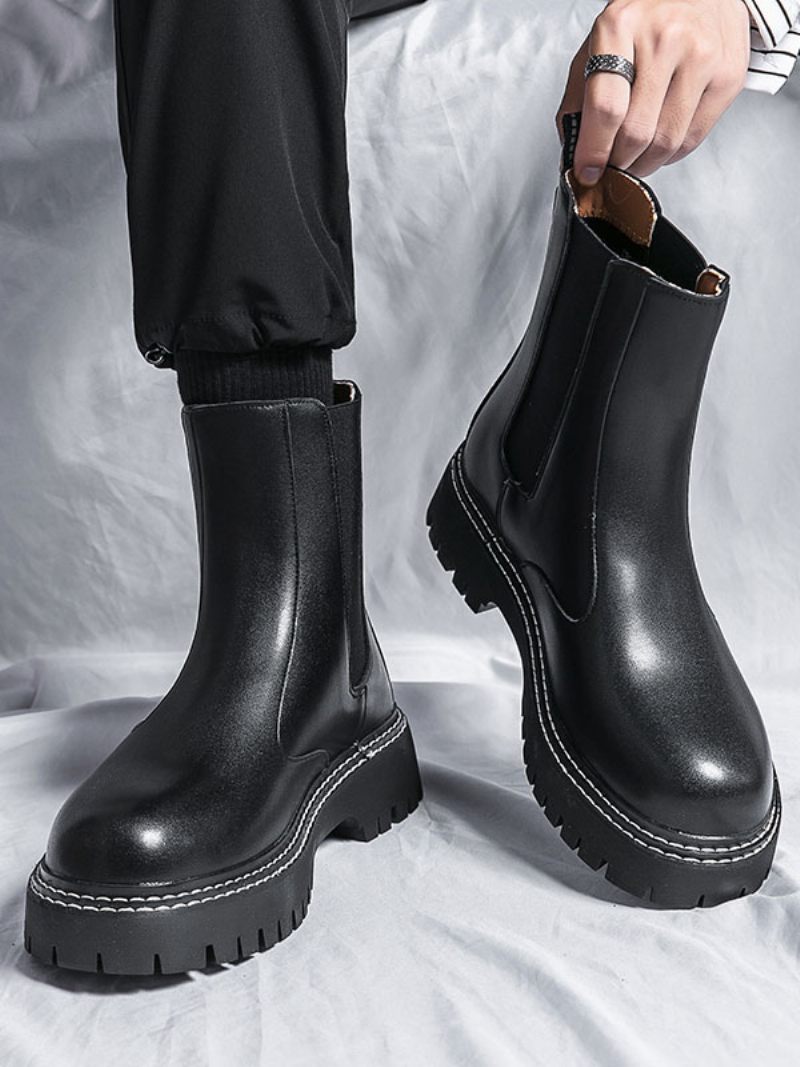 Bottes Chelsea Pour Hommes Cuir Pu Noir À Bout Rond - Noir