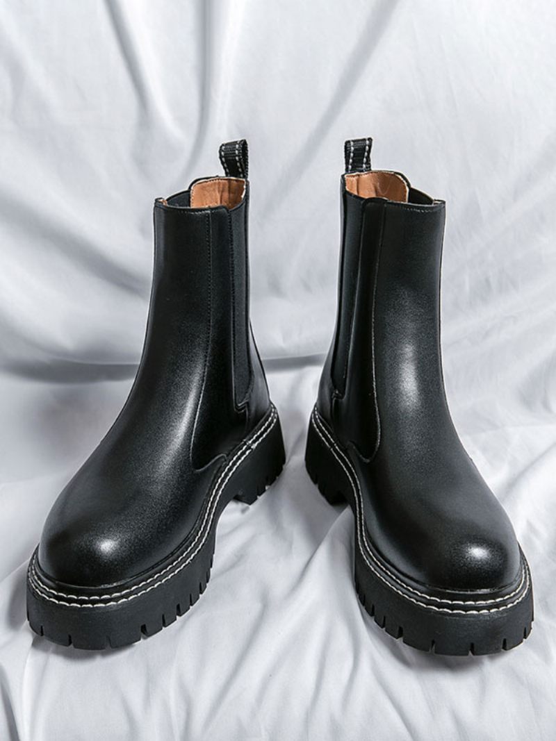 Bottes Chelsea Pour Hommes Cuir Pu Noir À Bout Rond - Noir