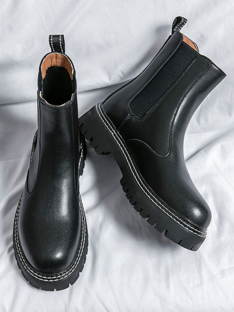 Bottes Chelsea Pour Hommes Cuir Pu Noir À Bout Rond - Noir