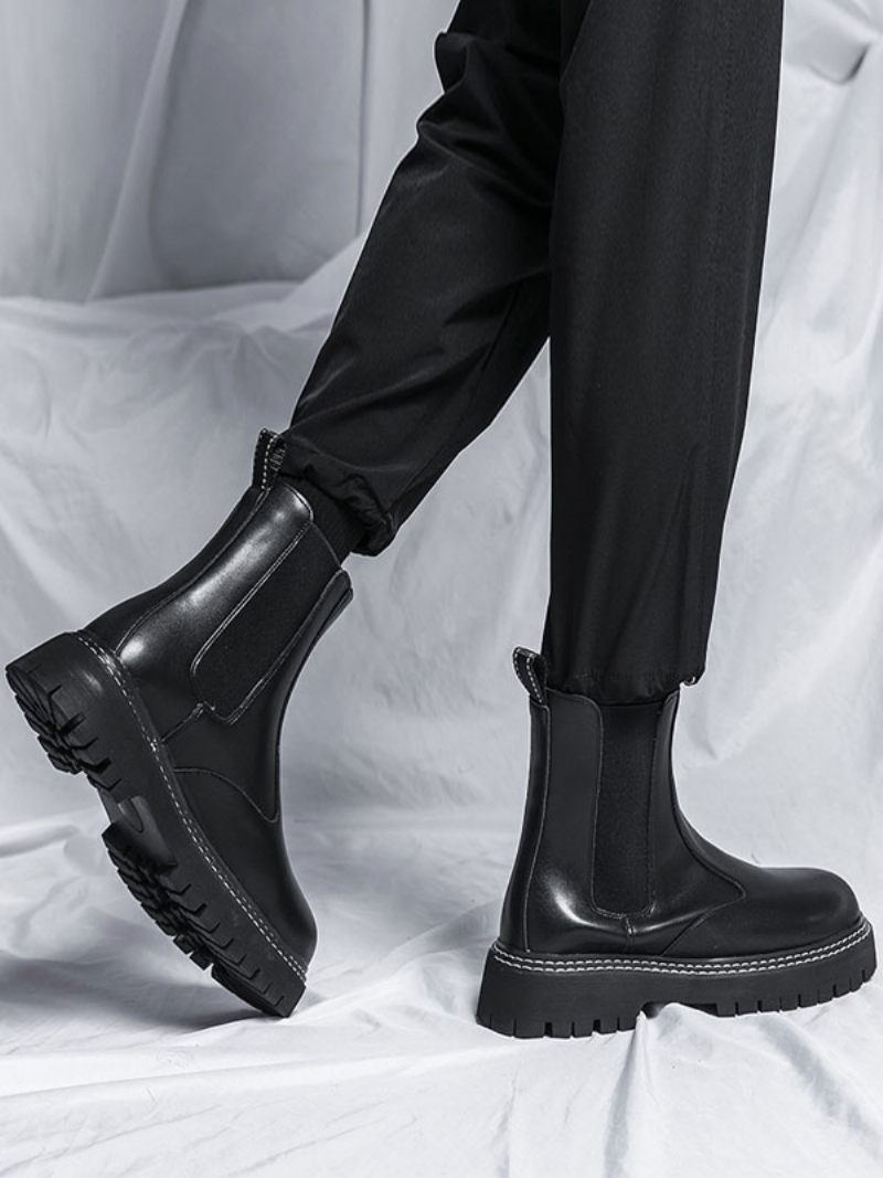 Bottes Chelsea Pour Hommes Cuir Pu Noir À Bout Rond - Noir