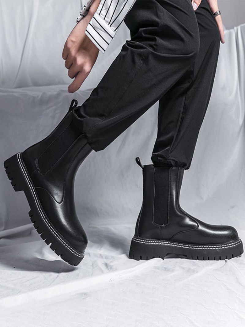 Bottes Chelsea Pour Hommes Cuir Pu Noir À Bout Rond - Noir