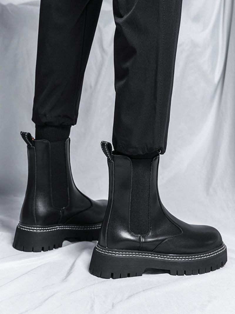 Bottes Chelsea Pour Hommes Cuir Pu Noir À Bout Rond - Noir