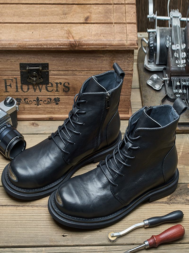 Bottes Chelsea Pour Hommes Cuir Pu Noir À Bout Rond - Noir