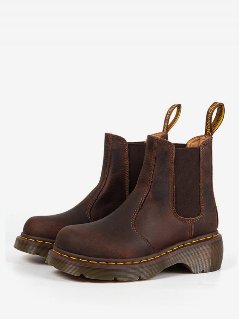 Bottes Chelsea Pour Hommes Cuir Vache Marron Café À Bout Rond Enfiler Rétro Courtes