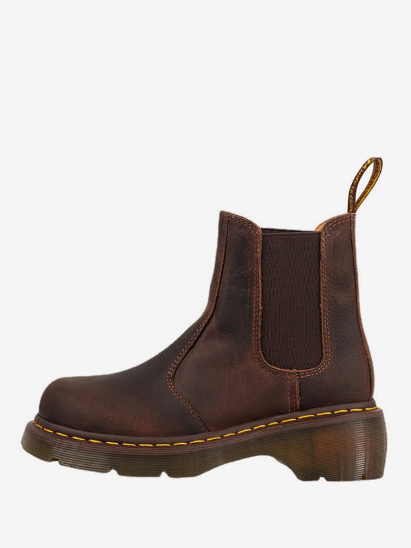 Bottes Chelsea Pour Hommes Cuir Vache Marron Café À Bout Rond Enfiler Rétro Courtes - Brun Café