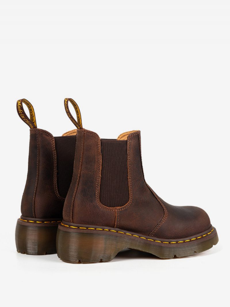 Bottes Chelsea Pour Hommes Cuir Vache Marron Café À Bout Rond Enfiler Rétro Courtes - Brun Café