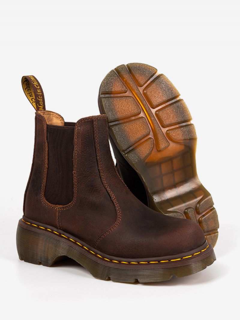 Bottes Chelsea Pour Hommes Cuir Vache Marron Café À Bout Rond Enfiler Rétro Courtes - Brun Café