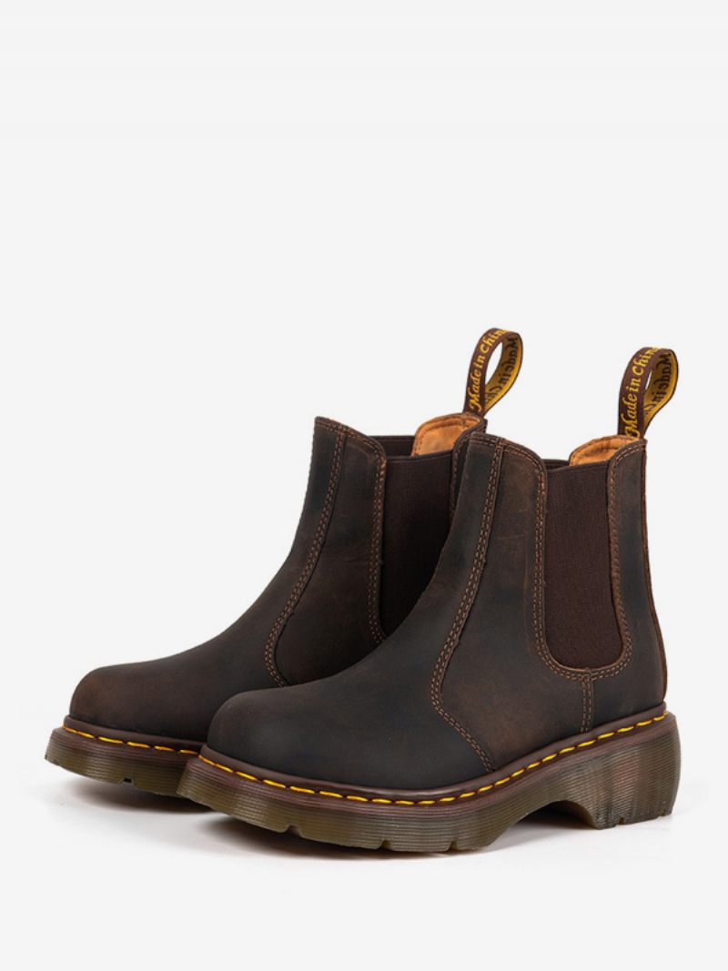 Bottes Chelsea Pour Hommes Cuir Vache Marron Café À Bout Rond Enfiler Rétro Courtes -  Brun Foncé