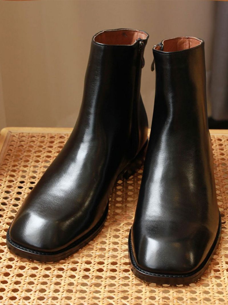 Bottes Chelsea Pour Hommes Cuir Vache Noir À Bout Carré - Noir