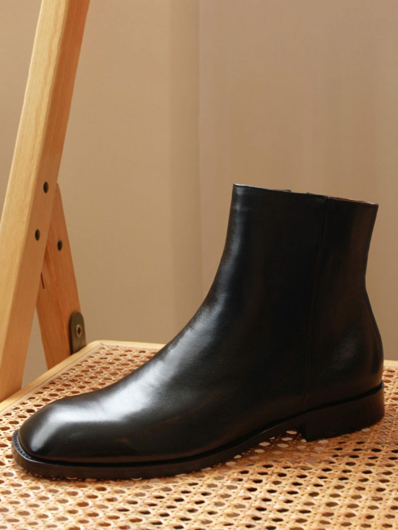 Bottes Chelsea Pour Hommes Cuir Vache Noir À Bout Carré - Noir