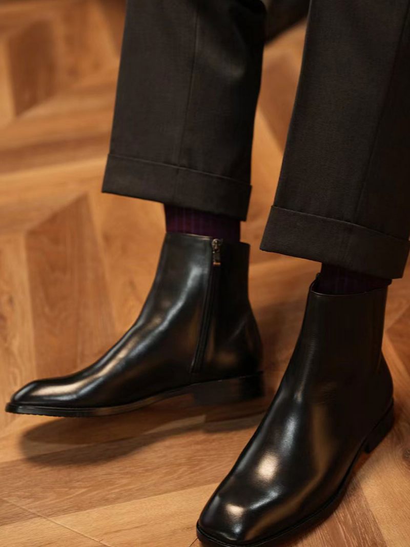 Bottes Chelsea Pour Hommes Cuir Vache Noir À Bout Carré - Noir