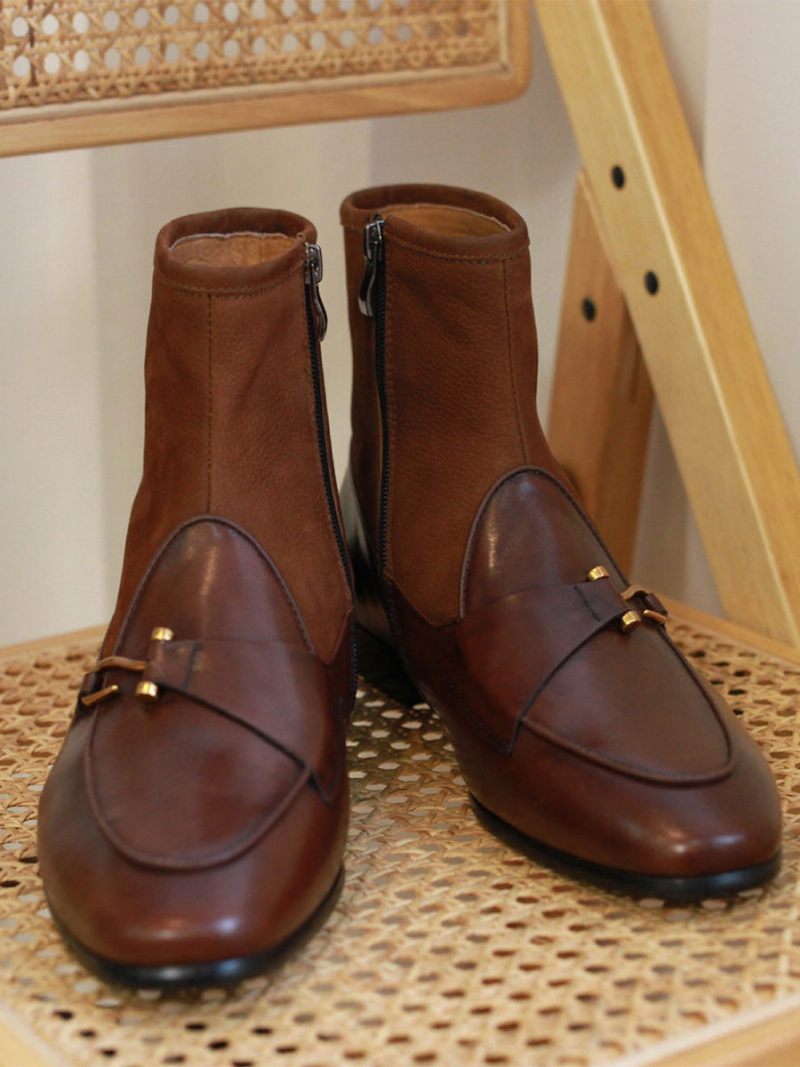 Bottes Chelsea Pour Hommes Cuir Vache Noir À Bout Pointu - Marron Café