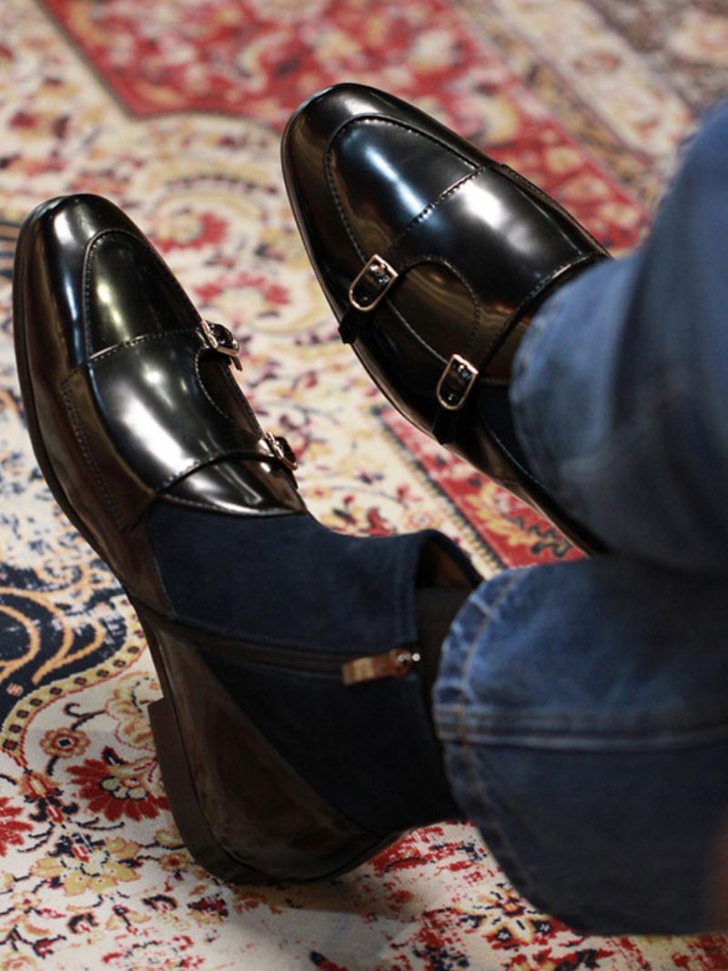 Bottes Chelsea Pour Hommes Cuir Vache Noir À Bout Pointu - Marine Foncé