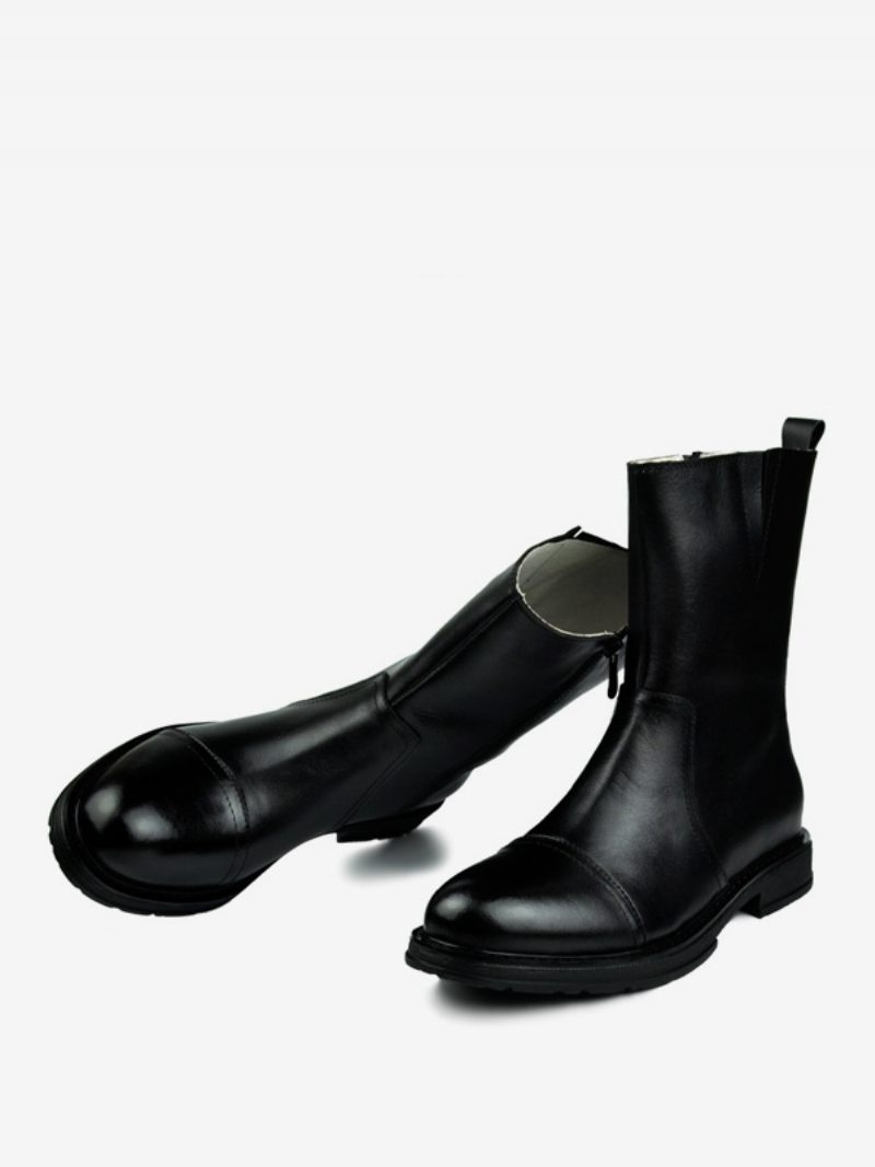 Bottes Chelsea Pour Hommes Cuir Vache Noir À Bout Rond - Noir