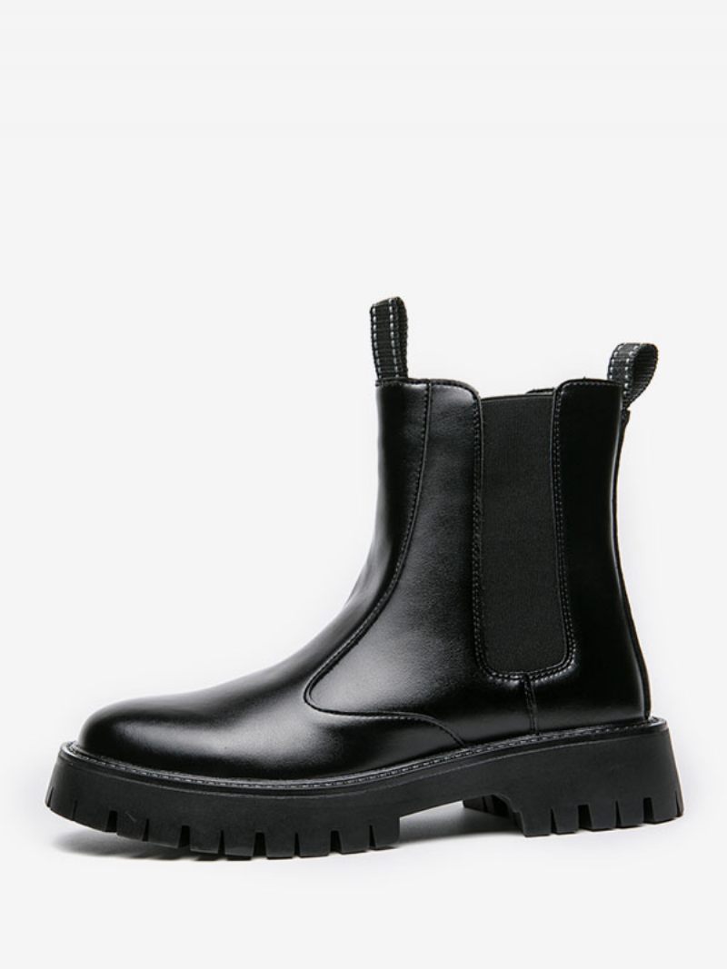 Bottes Chelsea Pour Hommes Cuir Vache Noir À Bout Rond - Noir