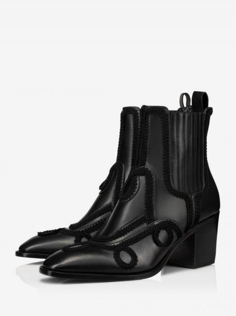 Bottes Chelsea Pour Hommes Soirée Bal Brodées À Bout Pointu Noires