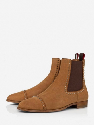 Bottes Chelsea À Pointes Argentées Pour Hommes Cuir Suédé Camel Bout Carré Avec Rivets Bal Promo