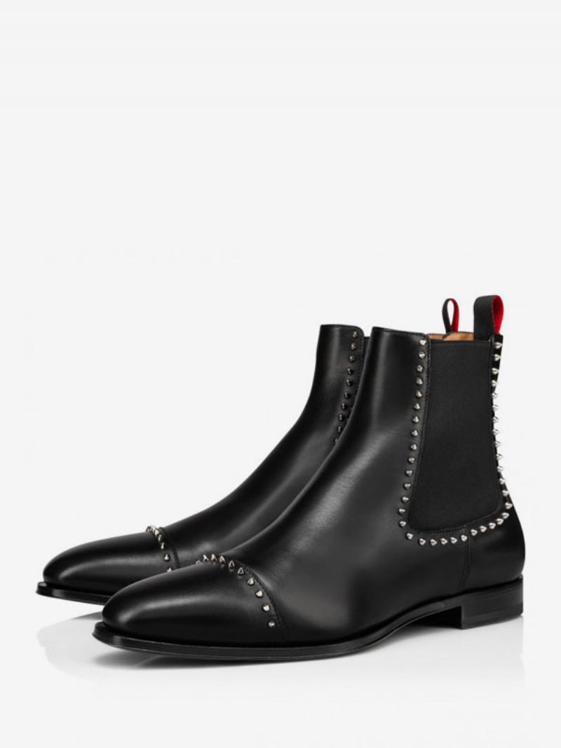 Bottes Chelsea À Pointes Argentées Pour Hommes Cuir Suédé Camel Bout Carré Avec Rivets Bal Promo - Noir