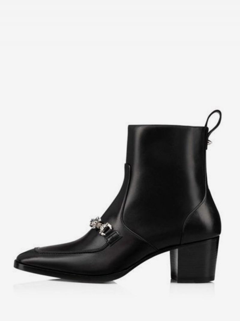 Bottes Chelsea À Talons Blocs Pour Hommes Noires Mayerswing Avec Chaînes Sangles Argentées Bout Carré Soirée Robe Bal