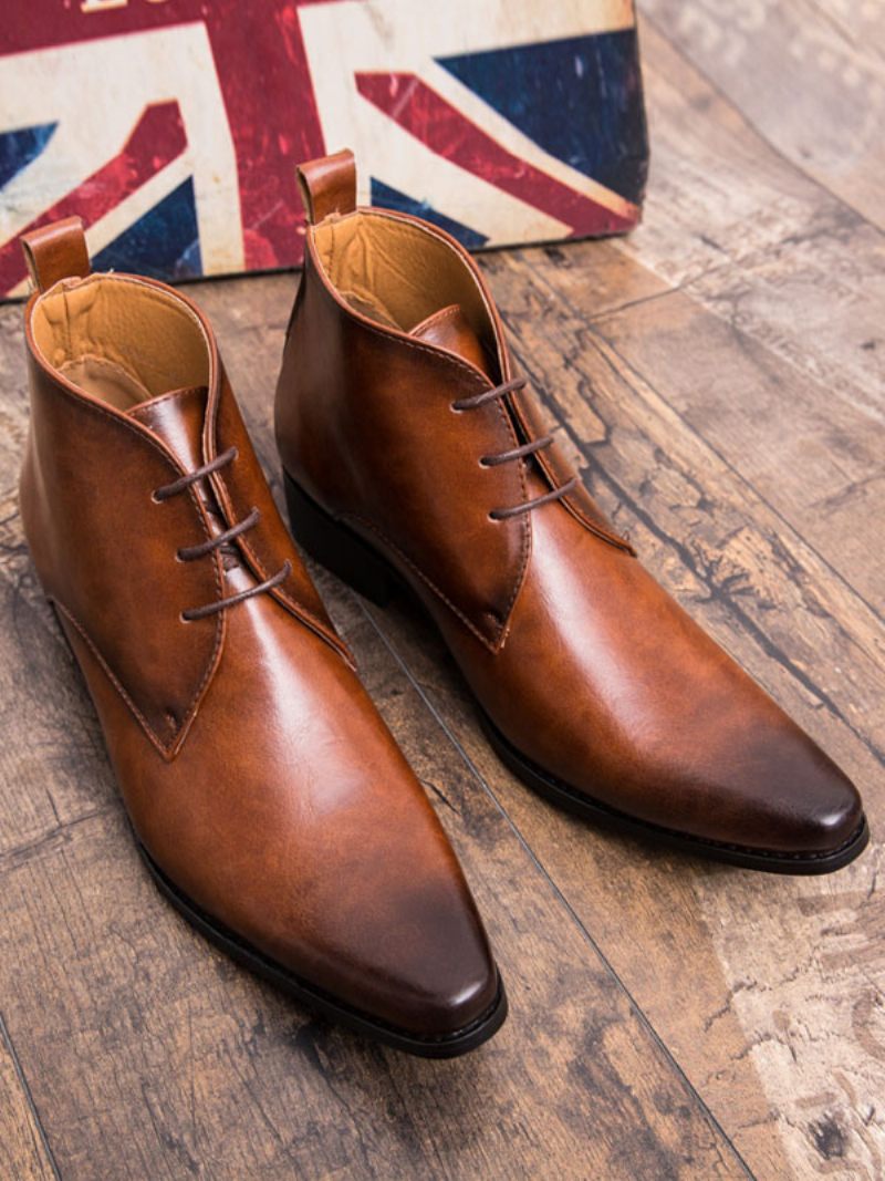 Bottes Chukka Pour Hommes Cuir Pu À Bout Pointu - Marron Café