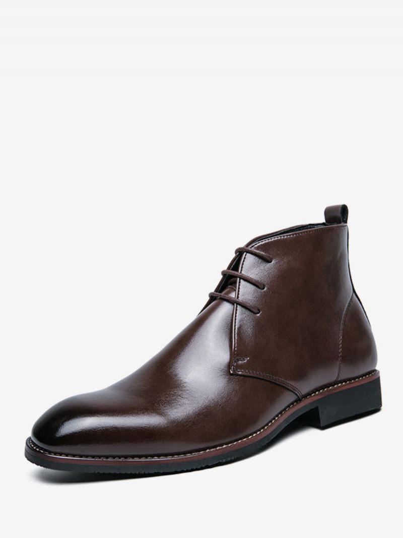 Bottes Chukka Pour Hommes Cuir Pu À Bout Rond - Café Marron